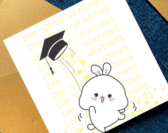 Linda tarjeta de graduación imprimible con juego de palabras, tarjeta de graduación con birrete, tarjeta de fiesta de graduación con conejo kawaii, descarga digital, tarjeta de graduación cuadrada de 5x5