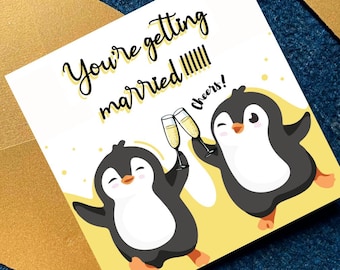 Tarjeta imprimible de "Te casas", linda tarjeta de compromiso con pingüino, regalo divertido para brindis de boda, tarjeta cuadrada de descarga digital