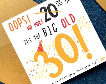 Tarjeta divertida de cumpleaños número 30 para imprimir, Adiós a los 20, bienvenidos a los 30, cumpleaños importante, tarjeta divertida de edad para amigos y compañeros de trabajo, tarjeta cuadrada de descarga digital