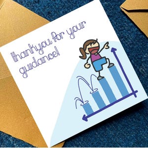 May include: A square greeting card with a white background featuring the text Thankyou for your guidance! in purple. A cartoon figure in a purple shirt and blue shorts climbs a blue bar graph with upward arrows. Two brown envelopes are visible.