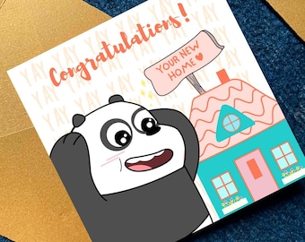 ¡Felicidades por tu nuevo hogar! Tarjeta imprimible con un lindo panda para celebrar una nueva casa. Regalo divertido para amigos y parejas. Descarga digital.