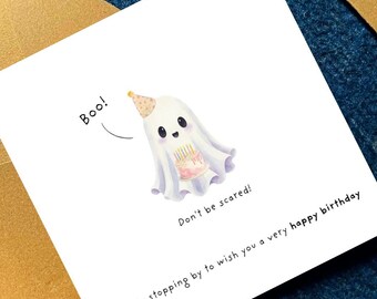 Tarjeta de cumpleaños de fantasma adorable para imprimir, tarjeta de cumpleaños divertida de Halloween, fantasma sosteniendo un pastel, deseos de cumpleaños "Solo paso por aquí", tarjeta Kawaii Boo