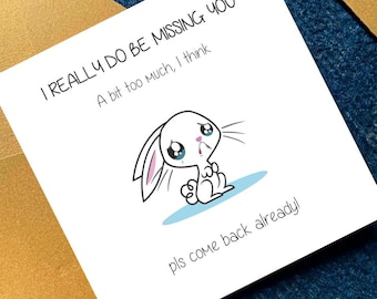 Tarjeta imprimible "Te extraño mucho", tarjeta de conejito triste y lindo que te extraña, vuelve ya, relación a distancia, descarga digital