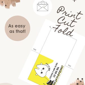 May include: A graduation card with a yellow and white tooth illustration wearing a graduation cap. The card reads "Congratulations, You Did It! You're Now a Dentist! Class of 2026." The card also has the text "Print, Cut, Fold" and "As easy as that!"