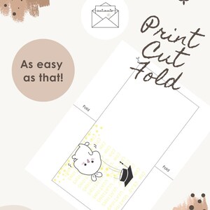 May include: A white card with a cartoon bunny wearing a graduation cap, with the text "Print Cut Fold". The card also has the text "As easy as that!" and "Sentiments". The background has brown and beige accents.