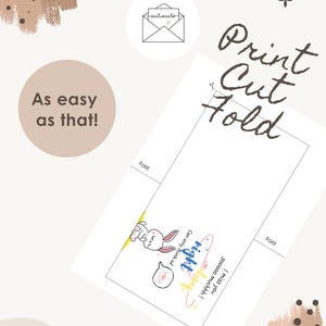 Op de afbeelding: Een printbaar wenskaartsjabloon met een cartoonkonijn en de tekst 'Can only think of night day', 'I miss you Sooooo muchhh!' en 'you'. De lay-out bevat 'Print Cut Fold'-instructies en vouwlijnen op een witte achtergrond.