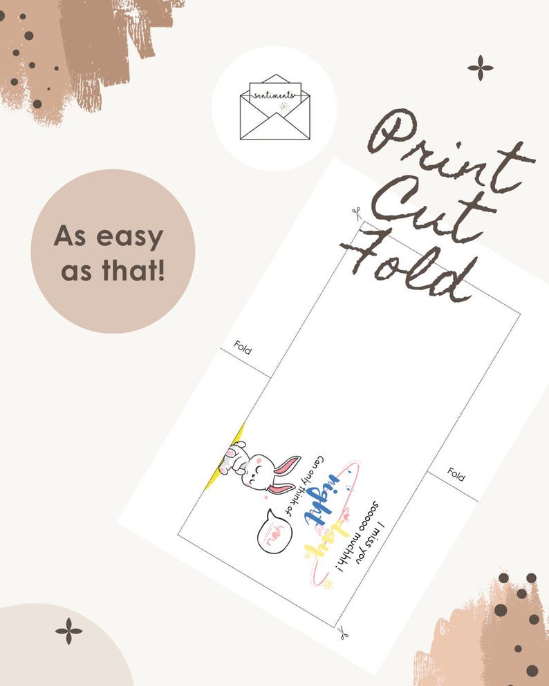 Op de afbeelding: Een printbaar wenskaartsjabloon met een cartoonkonijn en de tekst 'Can only think of night day', 'I miss you Sooooo muchhh!' en 'you'. De lay-out bevat 'Print Cut Fold'-instructies en vouwlijnen op een witte achtergrond.