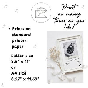 May include: A digital print template featuring text that reads Print as many times as you like, Prints on standard printer paper, Letter size 21.59 cm by 27.94 cm or A4 size 21 cm by 29.7 cm, and a framed newborn baby photo.