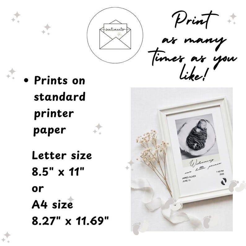May include: A digital print template featuring text that reads Print as many times as you like, Prints on standard printer paper, Letter size 21.59 cm by 27.94 cm or A4 size 21 cm by 29.7 cm, and a framed newborn baby photo.