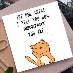 Op de afbeelding: Een wenskaart met de tekst "THE ONE WHERE I TELL YOU HOW IMPORTANT YOU ARE" en een oranje cartoonkat met roze hartjes. De kaart ligt op een bruin oppervlak.