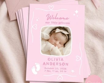 Plantilla editable de tarjeta de anuncio de nacimiento para niña en Canva, anuncio digital de bienvenida para recién nacida imprimible, tarjeta personalizada de datos de nacimiento de 4x6 pulgadas, color rosa.