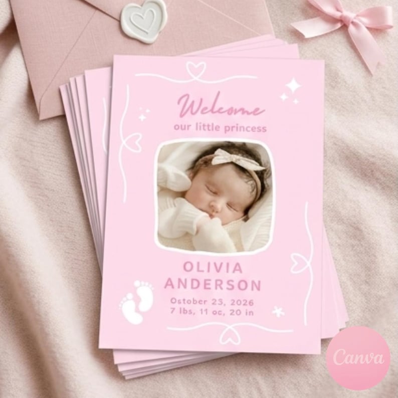 Puede incluir: Tarjetas rosas de anuncio de nacimiento con el texto "Welcome our little princess" y una foto de un beb&eacute; durmiendo. La tarjeta incluye el nombre del beb&eacute;, la fecha de nacimiento, el peso (3,4 kg) y la longitud (50,8 cm).