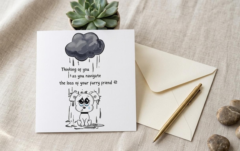 May include: A sympathy card with a cartoon dog under a rain cloud, with the text "Thinking of you as you navigate the loss of your furry friend." An envelope, pen, and small succulent are also present.