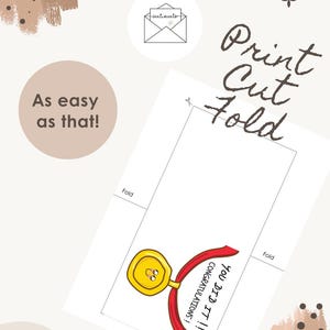 K&ouml;nnte beinhalten: Eine druckbare Gru&szlig;kartenvorlage mit einer gelben Medaille mit l&auml;chelndem Gesicht und einem roten Band. Der Text lautet "YOU DID IT!!! CONGRATULATIONS!", erg&auml;nzt durch "Print Cut Fold" und "As easy as that!" sowie sichtbare Faltlinien.
