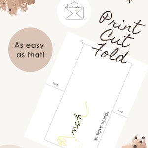 Pode incluir: Um cart&atilde;o imprim&iacute;vel branco com as palavras "Print Cut Fold" em uma fonte manuscrita. O cart&atilde;o tamb&eacute;m tem as palavras "you" e "THINGS I'M GRATEFUL FOR:" em uma fonte manuscrita. O cart&atilde;o &eacute; decorado com pinceladas marrons e bege e uma pequena ilustra&ccedil;&atilde;o de envelope.