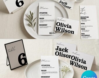 Paquete de papelería de boda editorial, juego minimalista de menú y tarjetas de mesa, menú de bar moderno, números de mesa, plantilla editable de Canva, suite de lujo