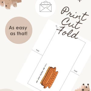 Puede incluir: Una plantilla de tarjeta de felicitaci&oacute;n imprimible con una ilustraci&oacute;n de un sof&aacute; marr&oacute;n y el texto I'LL BE THERE FOR YOU. El dise&ntilde;o incluye l&iacute;neas de corte y pliegue, con el texto Print Cut Fold y As easy as that! sobre un fondo beige.