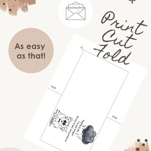 May include: A printable sympathy card with the words "Print Cut Fold". The card features a cartoon bear in the rain and the text "Thinking of you as you navigate the loss of your furry friend". Includes the text "As easy as that!"