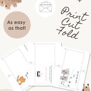 Puede incluir: Tres plantillas de tarjetas de felicitaci&oacute;n imprimibles con l&iacute;neas de corte y pliegue. Una tarjeta muestra un gato, otra un panda con texto y otra koalas con el texto 'YOU CAN COUNT ON ME like 1, 2, 3 I'LL BE THERE'. Incluye 'Print Cut Fold', 'As easy as that!' y un logo.