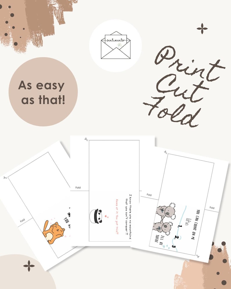 Puede incluir: Tres plantillas de tarjetas de felicitaci&oacute;n imprimibles con l&iacute;neas de corte y pliegue. Una tarjeta muestra un gato, otra un panda con texto y otra koalas con el texto 'YOU CAN COUNT ON ME like 1, 2, 3 I'LL BE THERE'. Incluye 'Print Cut Fold', 'As easy as that!' y un logo.