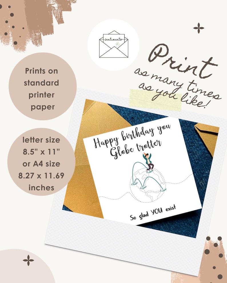 Puede incluir: Una tarjeta de felicitaci&oacute;n cuadrada con una ilustraci&oacute;n de un globo terr&aacute;queo y una persona saltando, texto Happy birthday you Globe trotter y So glad YOU exist, sobre sobres dorados. Incluye texto: Print as many times as you like! 21,59 cm x 27,94 cm o 21 cm x 29,7 cm.