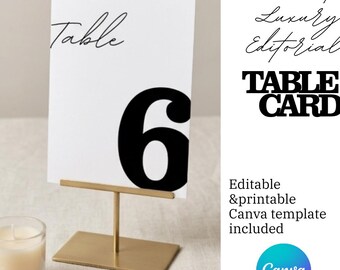 Números de mesa editoriales para bodas del 1 al 26, plantilla minimalista con tipografía serif en negrita, decoración de mesa moderna, plantilla editable de Canva, letreros de mesa imprimibles en tamaño A4.