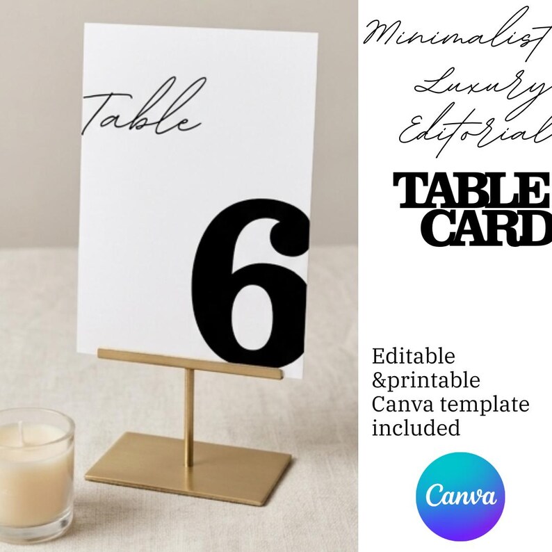 Op de afbeelding: Een witte tafelkaart met het zwarte nummer 6, weergegeven in een gouden metalen standaard. Het woord "Table" is geschreven in een scriptlettertype. De woorden "TABLE CARD" staan vetgedrukt in zwarte letters.