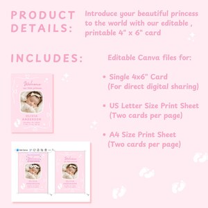 Puede incluir: Tarjeta de anuncio de nacimiento rosa imprimible con una foto de beb&eacute;. La tarjeta mide 10,16 cm x 15,24 cm e incluye el nombre y los datos de nacimiento del beb&eacute;. La imagen tambi&eacute;n muestra el dise&ntilde;o de la tarjeta en tama&ntilde;os US Letter y A4.