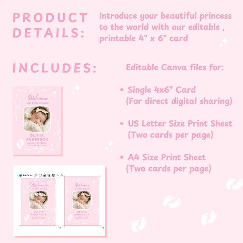 Puede incluir: Tarjeta de anuncio de nacimiento rosa imprimible con una foto de beb&eacute;. La tarjeta mide 10,16 cm x 15,24 cm e incluye el nombre y los datos de nacimiento del beb&eacute;. La imagen tambi&eacute;n muestra el dise&ntilde;o de la tarjeta en tama&ntilde;os US Letter y A4.