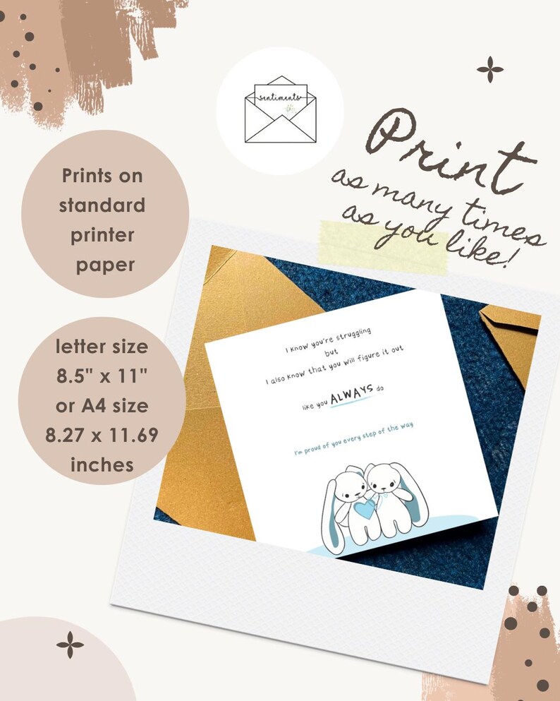 Peut inclure: Carte imprimable avec une illustration de lapin et le texte "Je sais que vous luttez, mais je sais aussi que vous allez vous en sortir. On vous aime TOUJOURS." La carte est au format lettre 8,5" x 11" ou A4 21 x 29,7 cm.