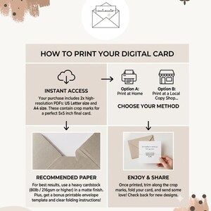 May include: An instructional infographic for a digital card featuring the text HOW TO PRINT YOUR DIGITAL CARD. It outlines steps for instant access to US Letter and A4 PDFs, printing options, recommended 80lb cardstock, and final assembly.