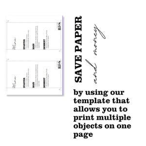 Op de afbeelding: Een menutemplate met de tekst "Menu", "Starter", "Main" en "Dessert". De tekst "SAVE PAPER and money" wordt vetgedrukt weergegeven. De template maakt het mogelijk om meerdere objecten op &eacute;&eacute;n pagina af te drukken.
