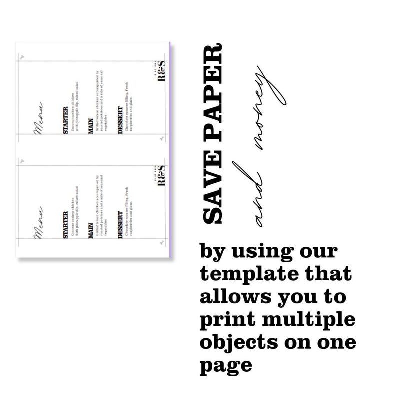 Op de afbeelding: Een menutemplate met de tekst "Menu", "Starter", "Main" en "Dessert". De tekst "SAVE PAPER and money" wordt vetgedrukt weergegeven. De template maakt het mogelijk om meerdere objecten op &eacute;&eacute;n pagina af te drukken.