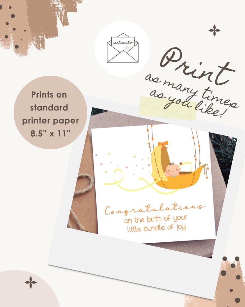 May include: A baby shower greeting card with a baby in a yellow cradle illustration. The card reads "Congratulations on the birth of your little bundle of joy." The card is 8.5" x 11" and can be printed as many times as you like.
