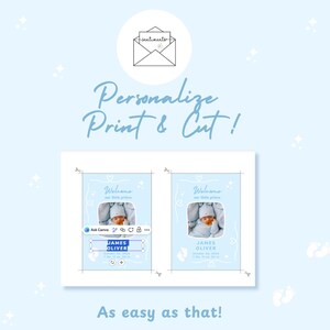 Puede incluir: Un dise&ntilde;o de anuncio de beb&eacute; azul claro con el texto "Welcome our little prince" y una foto de un beb&eacute;. El dise&ntilde;o incluye el texto "Personalize Print & Cut!" y "As easy as that!"
