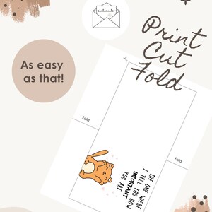 Op de afbeelding: Witte bedrukbare kaart met de tekst "Print Cut Fold" en "As easy as that!". De kaart heeft een cartoon kat illustratie en de boodschap "The one where I tell you how important you are."