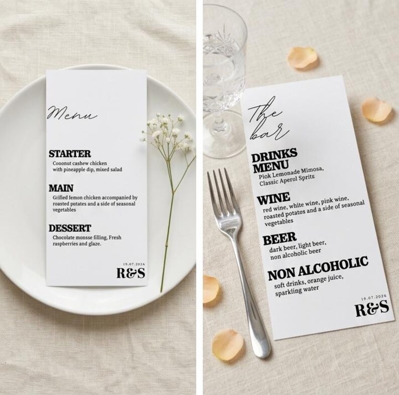 May include: Two white menu cards with black text. One card reads "Menu" and lists a starter, main course, and dessert. The other card reads "The Bar" and lists drinks, wine, beer, and non-alcoholic beverages. A fork and glass are visible.