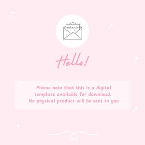 Puede incluir: Un dise&ntilde;o de plantilla digital con un fondo rosa claro. El texto "Hello!" est&aacute; escrito en rosa. La imagen incluye un dibujo lineal de un sobre y el texto "Tenga en cuenta que esta es una plantilla digital disponible para descargar."