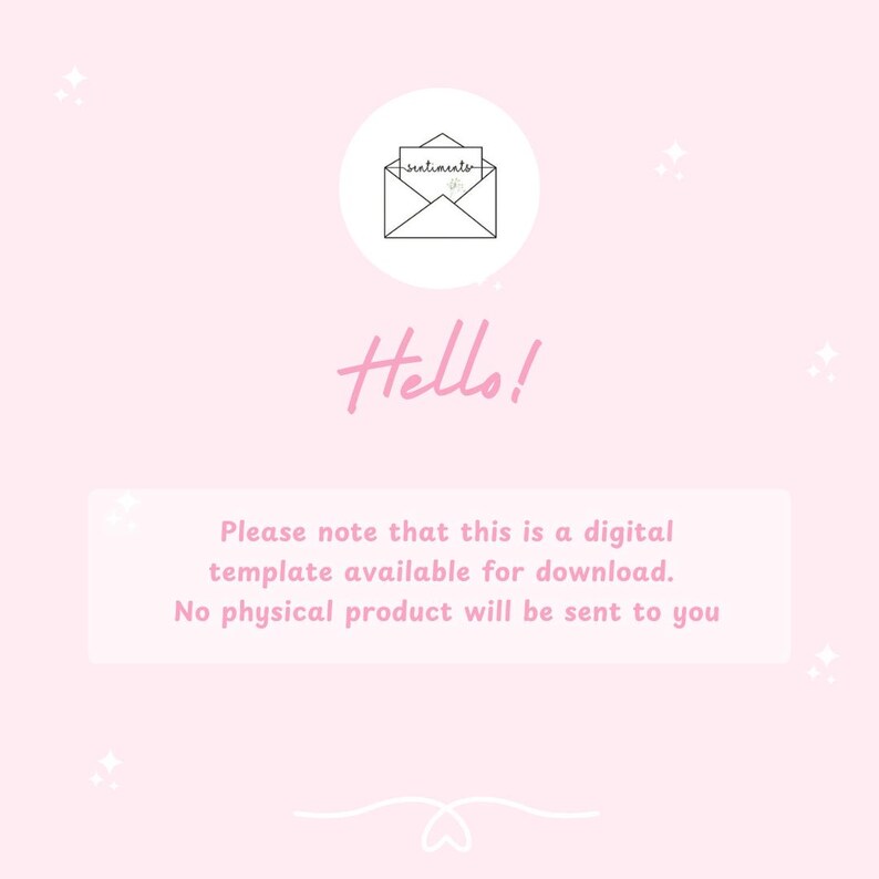 Puede incluir: Un dise&ntilde;o de plantilla digital con un fondo rosa claro. El texto "Hello!" est&aacute; escrito en rosa. La imagen incluye un dibujo lineal de un sobre y el texto "Tenga en cuenta que esta es una plantilla digital disponible para descargar."