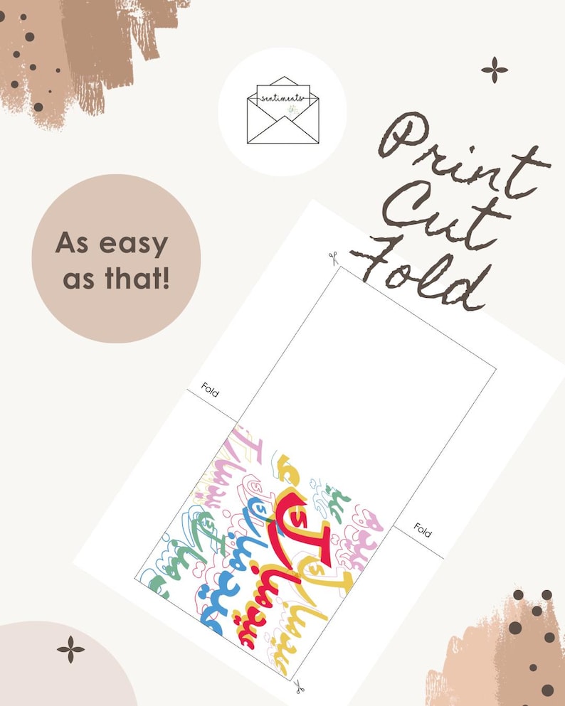 Peut inclure: Une conception de carte de v&oelig;ux imprimable avec les mots "Print Cut Fold" en script marron. La carte pr&eacute;sente du texte arabe color&eacute; et la phrase "As easy as that!" dans un design circulaire. Une petite ic&ocirc;ne d'enveloppe est &eacute;galement pr&eacute;sente.