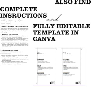 Op de afbeelding: Een sjabloon voor trouwbriefpapier met instructies en een menudesign. De tekst bevat "Volledige instructies" en "Volledig bewerkbare sjabloon in Canva". Het menu bevat voorgerechten, hoofdgerechten en desserts.