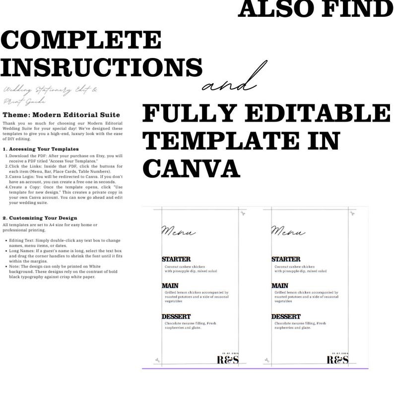 Op de afbeelding: Een sjabloon voor trouwbriefpapier met instructies en een menudesign. De tekst bevat "Volledige instructies" en "Volledig bewerkbare sjabloon in Canva". Het menu bevat voorgerechten, hoofdgerechten en desserts.
