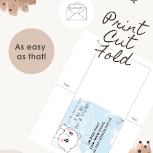 May include: A printable greeting card with the words "Print Cut Fold" in a handwritten font. The card features a cute bear illustration and the phrases "Do you really have to go so many miles away from me?" and "Loooootsss of love for you!!!".