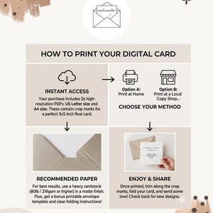 Puede incluir: Una gu&iacute;a para imprimir tarjetas digitales con texto e ilustraciones. Incluye acceso instant&aacute;neo a archivos PDF, opciones de impresi&oacute;n, papel recomendado (80lb/216gsm o superior) y c&oacute;mo compartir la tarjeta. El tama&ntilde;o final de la tarjeta es de 12,7 x 12,7 cm.