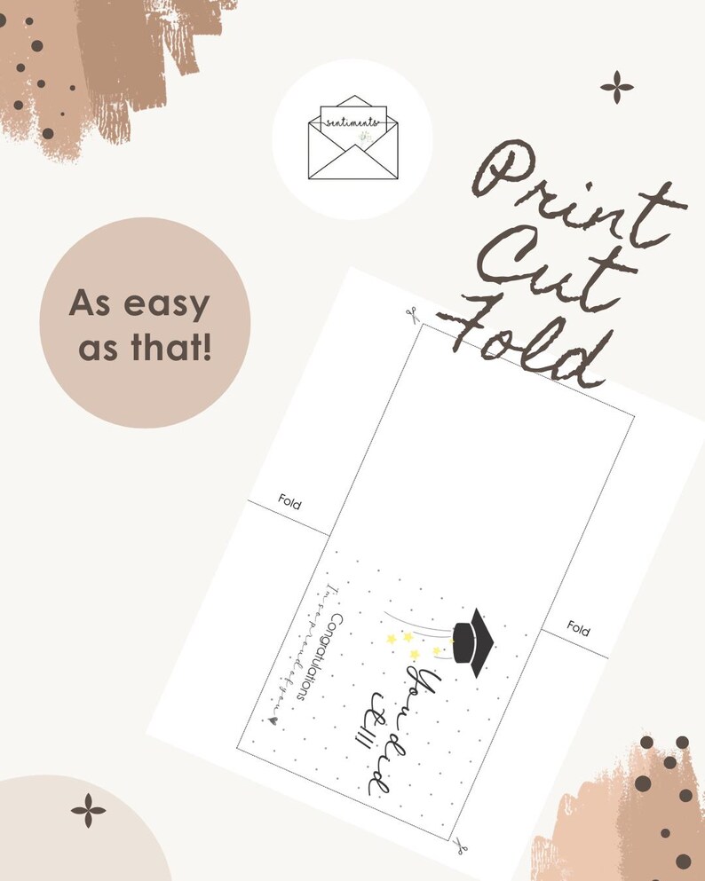 Peut inclure: Un mod&egrave;le de carte de v&oelig;ux imprimable sur le th&egrave;me de la remise de dipl&ocirc;me avec une toque noire, des confettis jaunes et le texte "You did it!" et "Congratulations, I'm so proud of you." La mise en page inclut des lignes de coupe et de pliage.