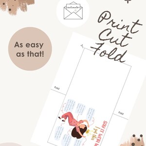 Op de afbeelding: Een printbaar wenskaartsjabloon met een cartoonillustratie van een persoon in een roze pyjama met een kroon. De tekst luidt: Print Cut Fold, As easy as that!, en SAY IT WITH ME I got this, samen met verschillende kleine tekstballonnen.