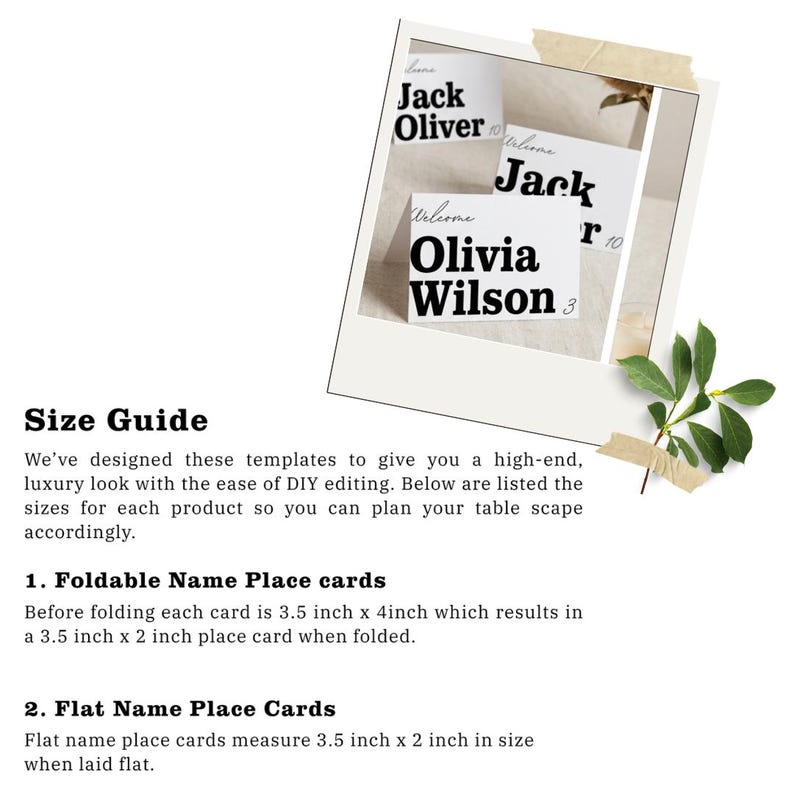 May include: White name place cards with black text, featuring names like "Jack Oliver" and "Olivia Wilson." The cards are displayed on a white background with a size guide. Foldable cards are 3.5 x 4 inches before folding, resulting in a 3.5 x 2 inch card.