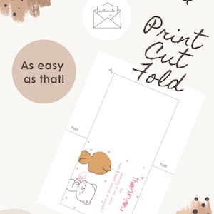 Puede incluir: Una plantilla de tarjeta imprimible con una ilustraci&oacute;n de un oso pardo y un oso blanco con el texto "thank you for believing in me when I didn't believe in myself!". La plantilla incluye el texto "Print Cut Fold", l&iacute;neas de pliegue e iconos de tijeras.