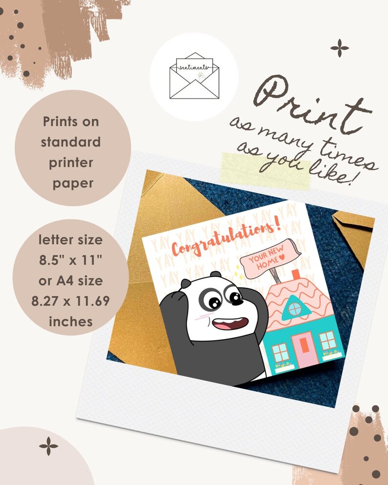 Puede incluir: Una tarjeta de felicitaci&oacute;n imprimible con un panda de dibujos animados junto a una casa con un cartel que dice YOUR NEW HOME y el texto Congratulations! La tarjeta mide 21,59 cm por 27,94 cm o 21 cm por 29,7 cm y se imprime en papel est&aacute;ndar.
