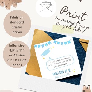 May include: A graduation announcement card with a blue mortarboard illustration and the text "YOU DID IT!!! Class of 2026." The card is 8.5" x 11" and can be printed on standard printer paper. The text "Print as many times as you like!" is also visible.